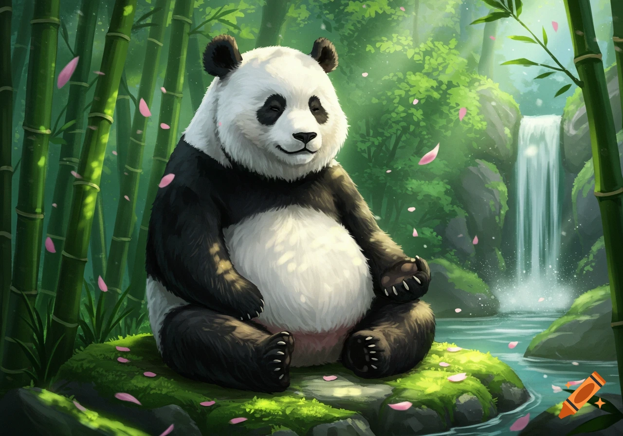 A cute panda meditates peacefully on a mossy rock in a lush bamboo forest with a waterfall and falling pink petals, in a digital art style.
