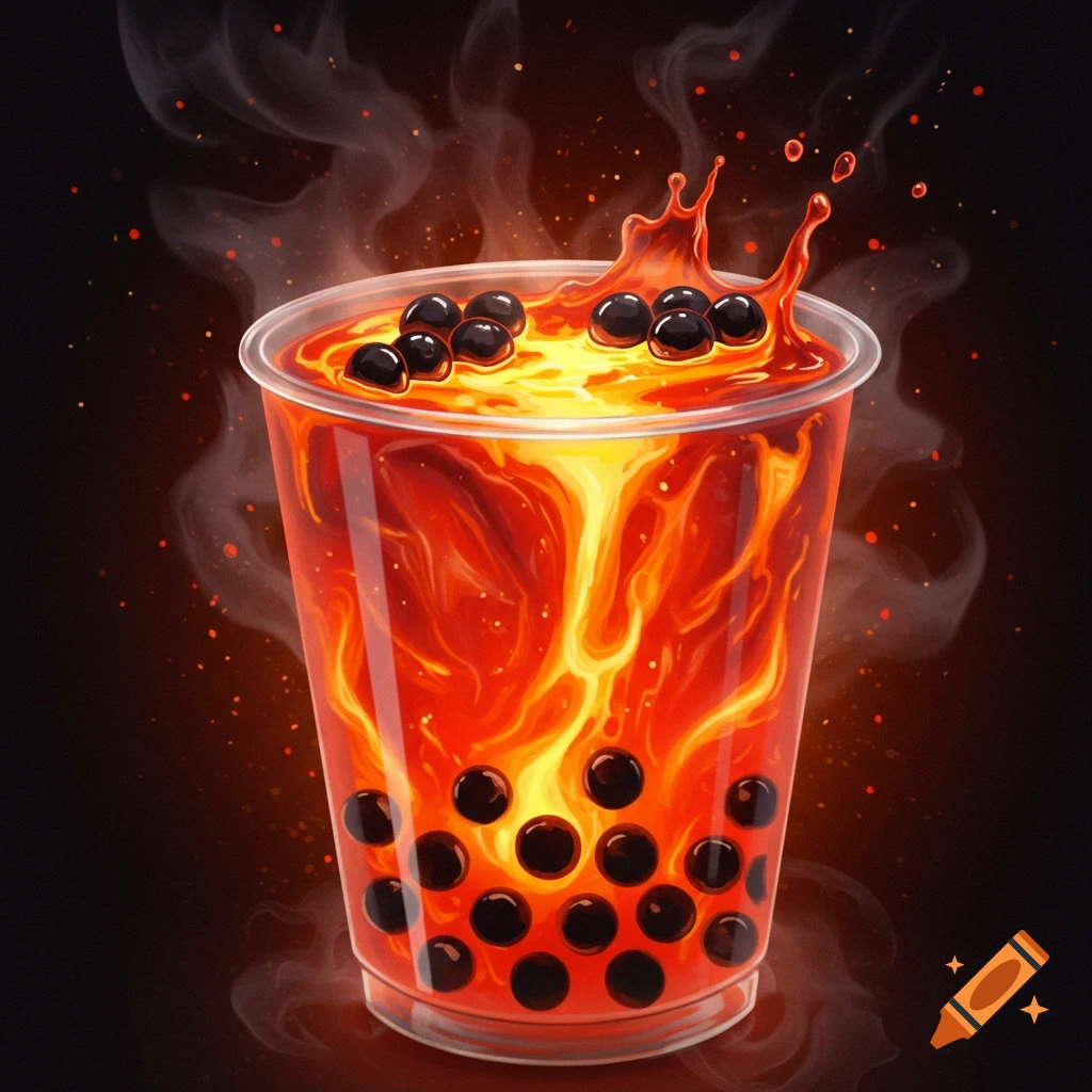 A clear plastic cup holds glowing red and yellow lava-like liquid with black boba pearls, emitting steam and fiery particles, with a splash at the top.