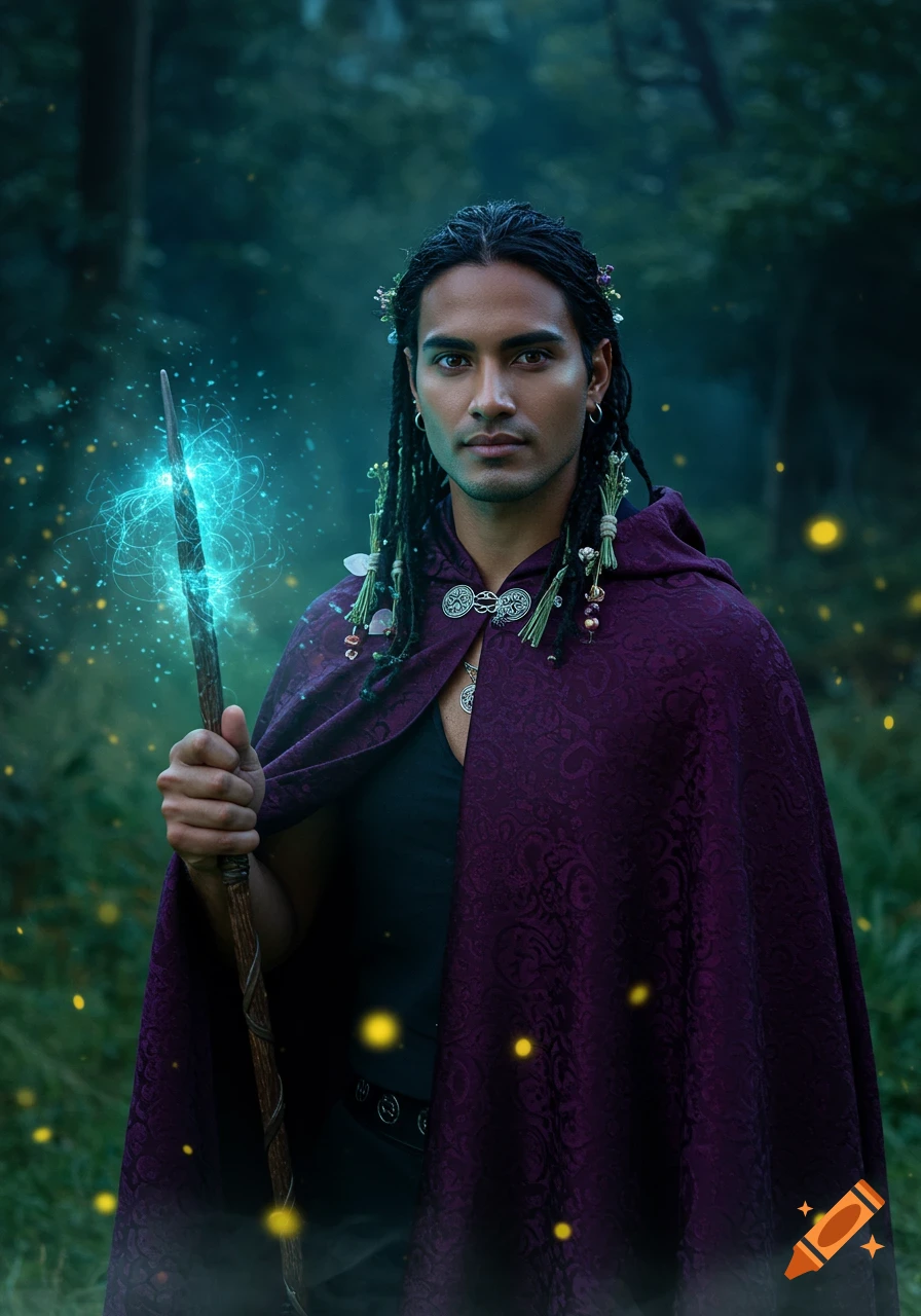 Photorealistic image of a man with braided hair, wearing a purple cloak, holding a glowing magical staff in a mystical forest.