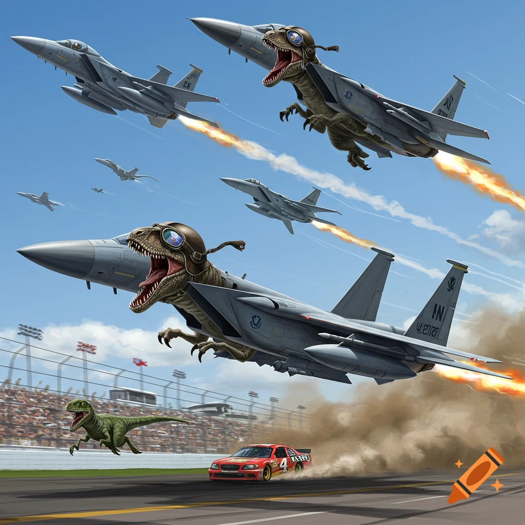 Cartoon dinosaurs pilot F-15 fighter jets above a race track where a dinosaur runs beside a red NASCAR race car.