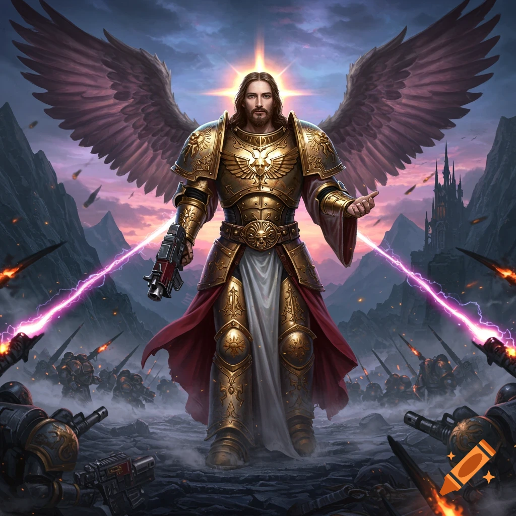 Jesus-like figure in golden power armor with wings and a halo, holding a laser gun in a futuristic battlefield.