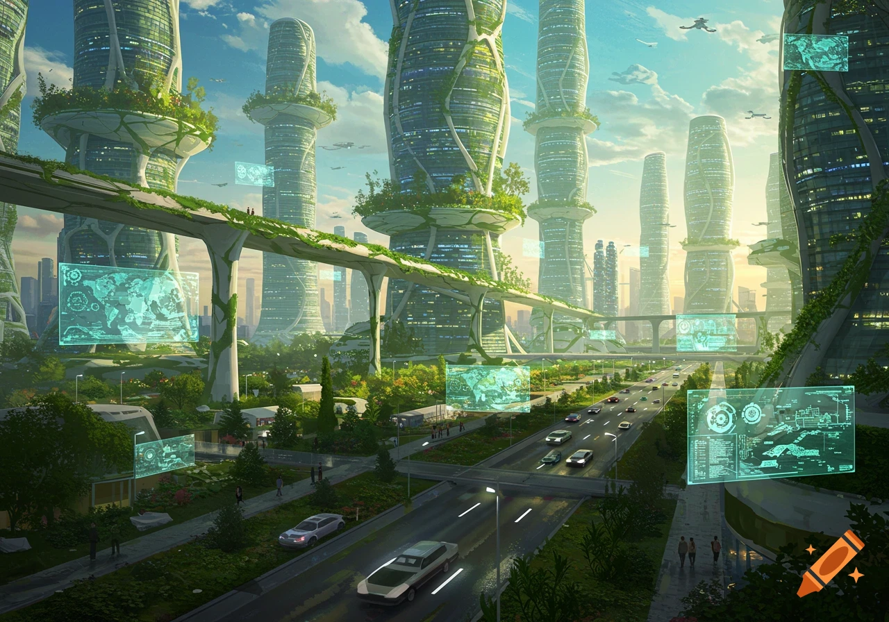 A vibrant, green futuristic city with towering buildings, an elevated highway, flying vehicles, and glowing holographic screens.
