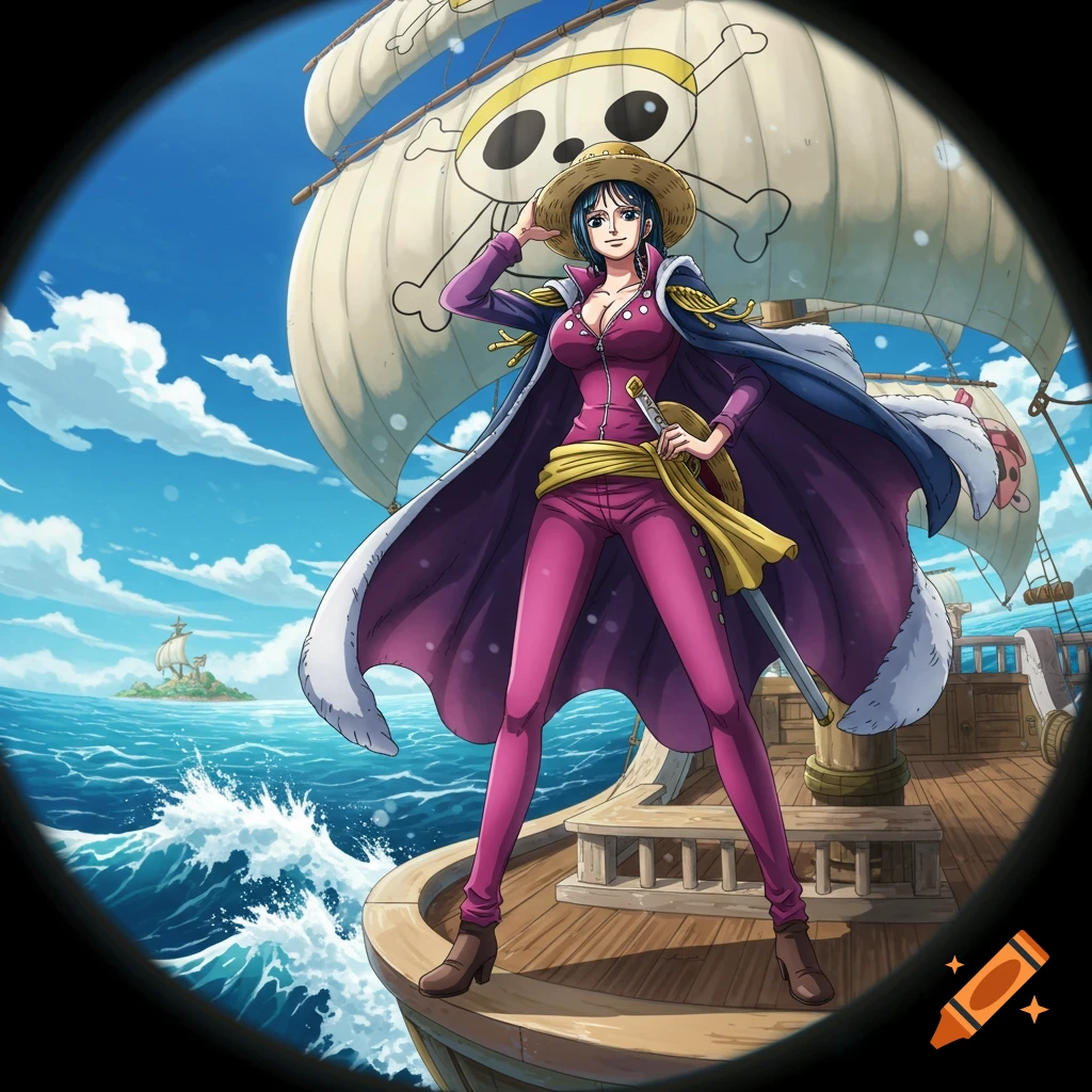 Anime illustration of Nico Robin in a purple jumpsuit and cape, holding a sword, standing on a pirate ship at sea.