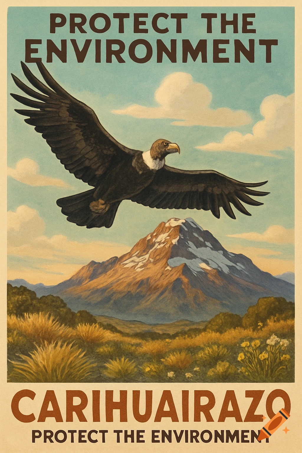 Vintage environmental poster: Andean condor flying over snow-capped Carihuairazo volcano, with 'Protect the Environment' text.