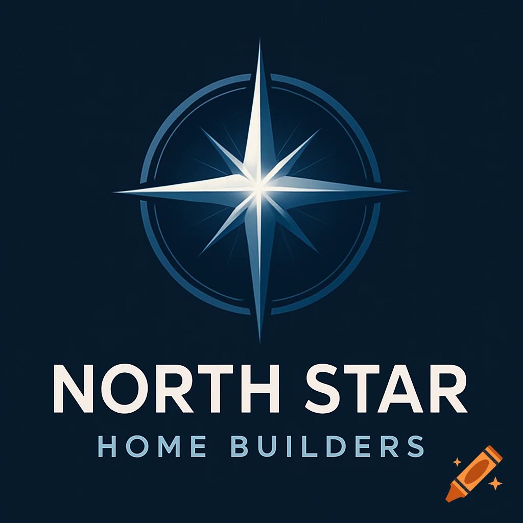 A blue logo with a bright white compass rose symbol above the text 'NORTH STAR HOME BUILDERS' on a dark blue background.