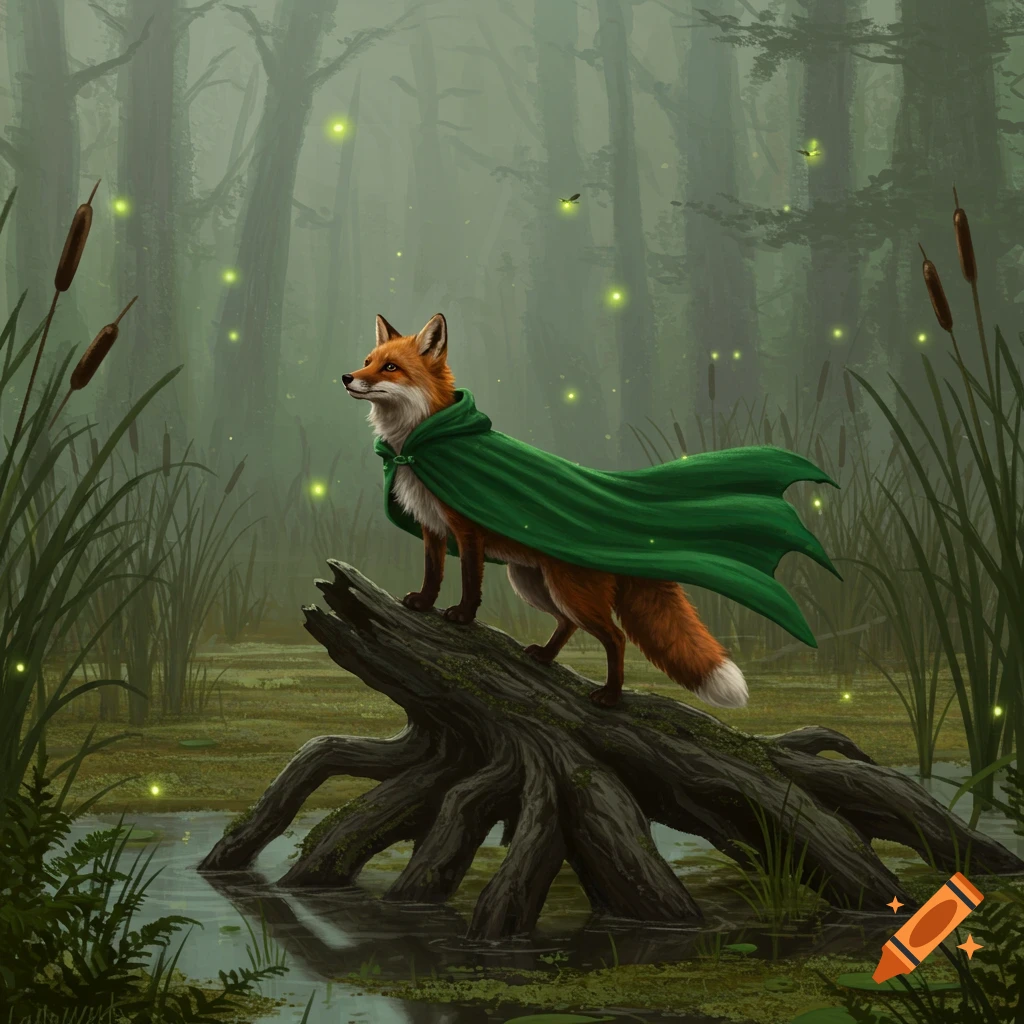 A red fox in a green cloak stands on a fallen log in a misty swamp with fireflies.