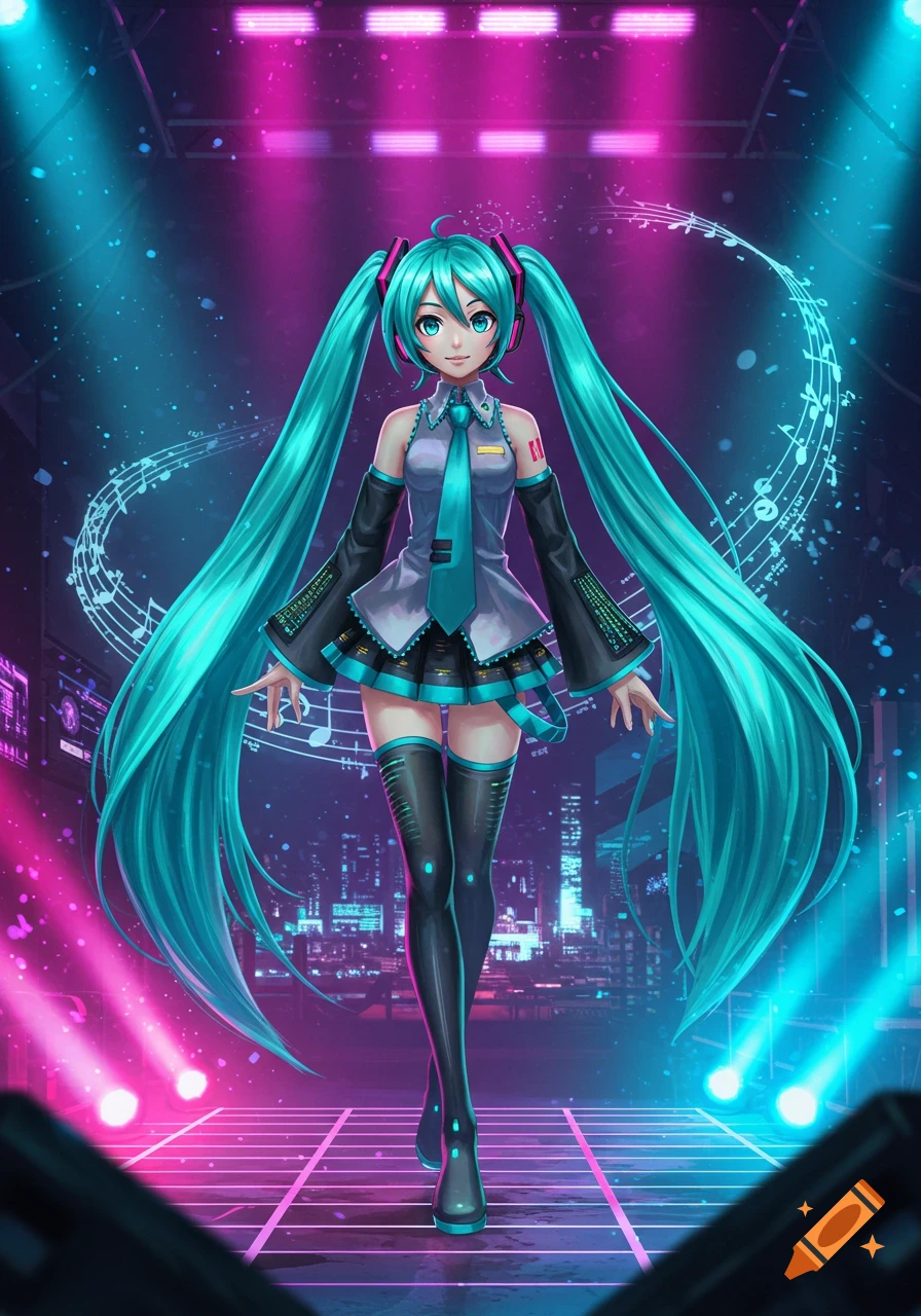 Hatsune Miku with long teal pigtails on a neon-lit stage with musical notes and cityscape, in a vibrant anime style.