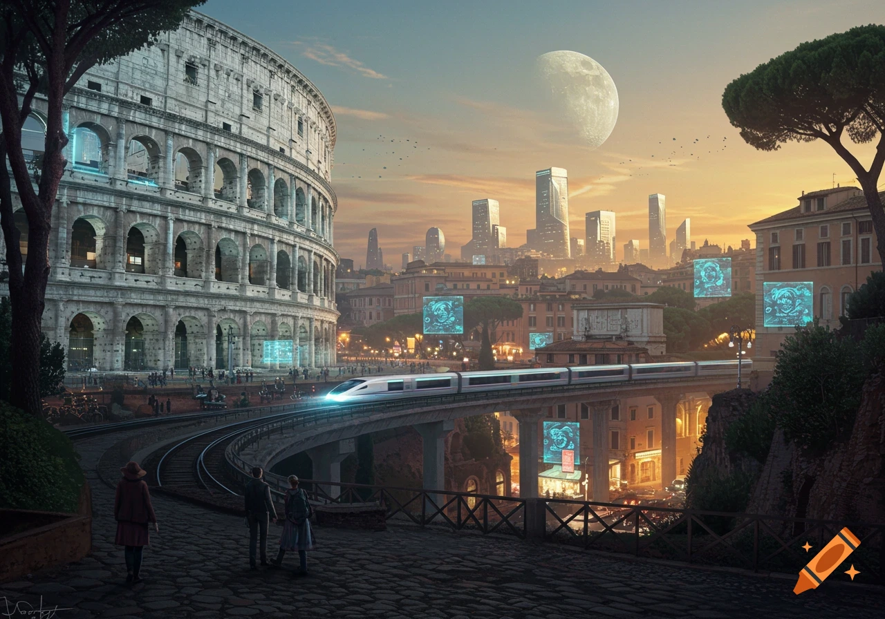 A futuristic Rome cityscape at sunset with the Colosseum, a sleek bullet train on an elevated track, and modern skyscrapers under a large moon.