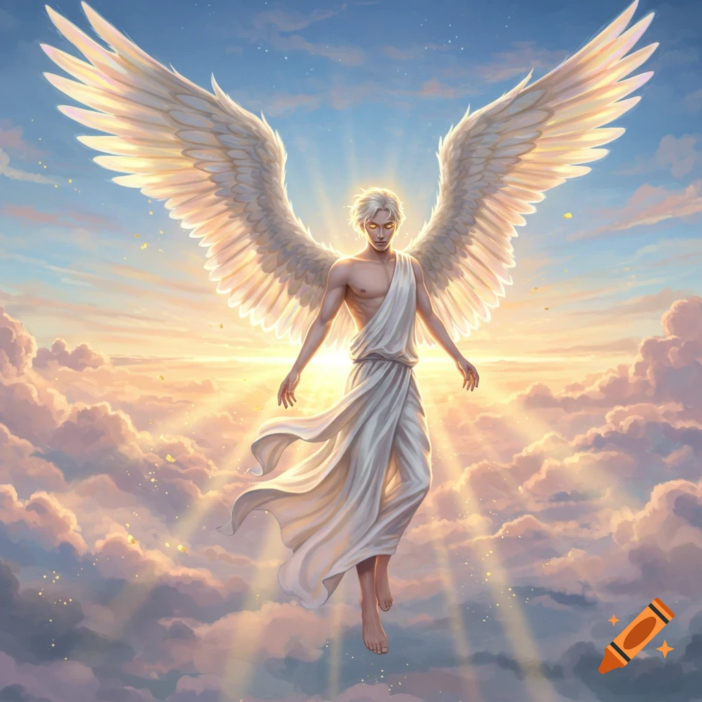 A majestic male angel with glowing eyes and large white wings floats among golden clouds and bright sun rays.