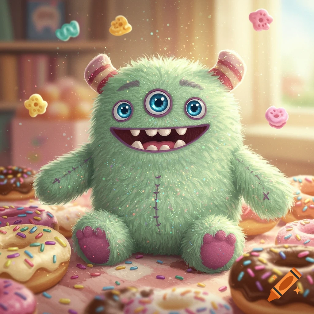 A happy, glittery, light green fluffy monster with three blue eyes and seven teeth sits among many colorful donuts.