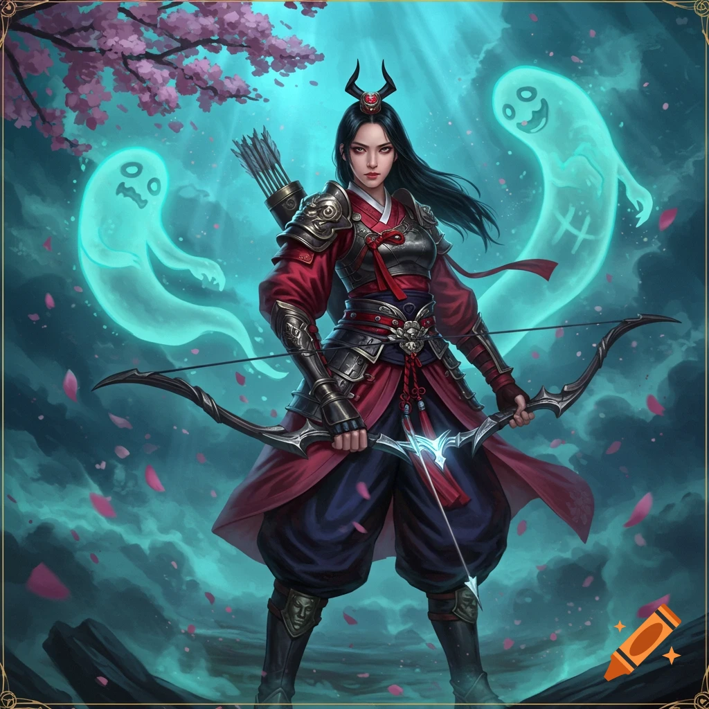 A female warrior with a bow and quiver stands under a cherry blossom tree, flanked by two glowing ghosts in a digital illustration.
