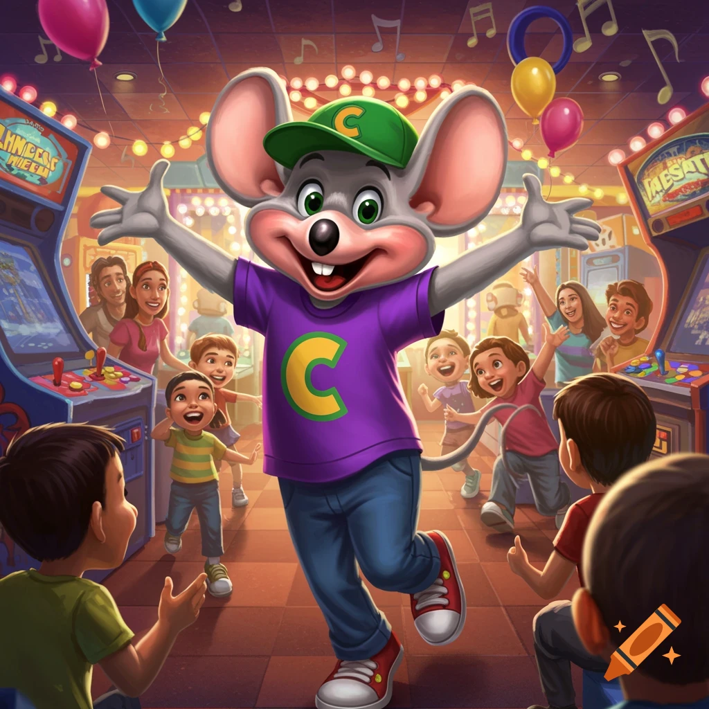 Chuck E. Cheese mascot in an arcade surrounded by happy children and adults, with balloons and musical notes. Cartoon style.