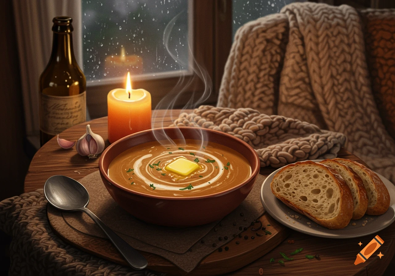 A bowl of steaming soup with butter, sliced bread, a lit candle, and a bottle on a wooden table next to a rainy window. A knitted blanket is in the background.