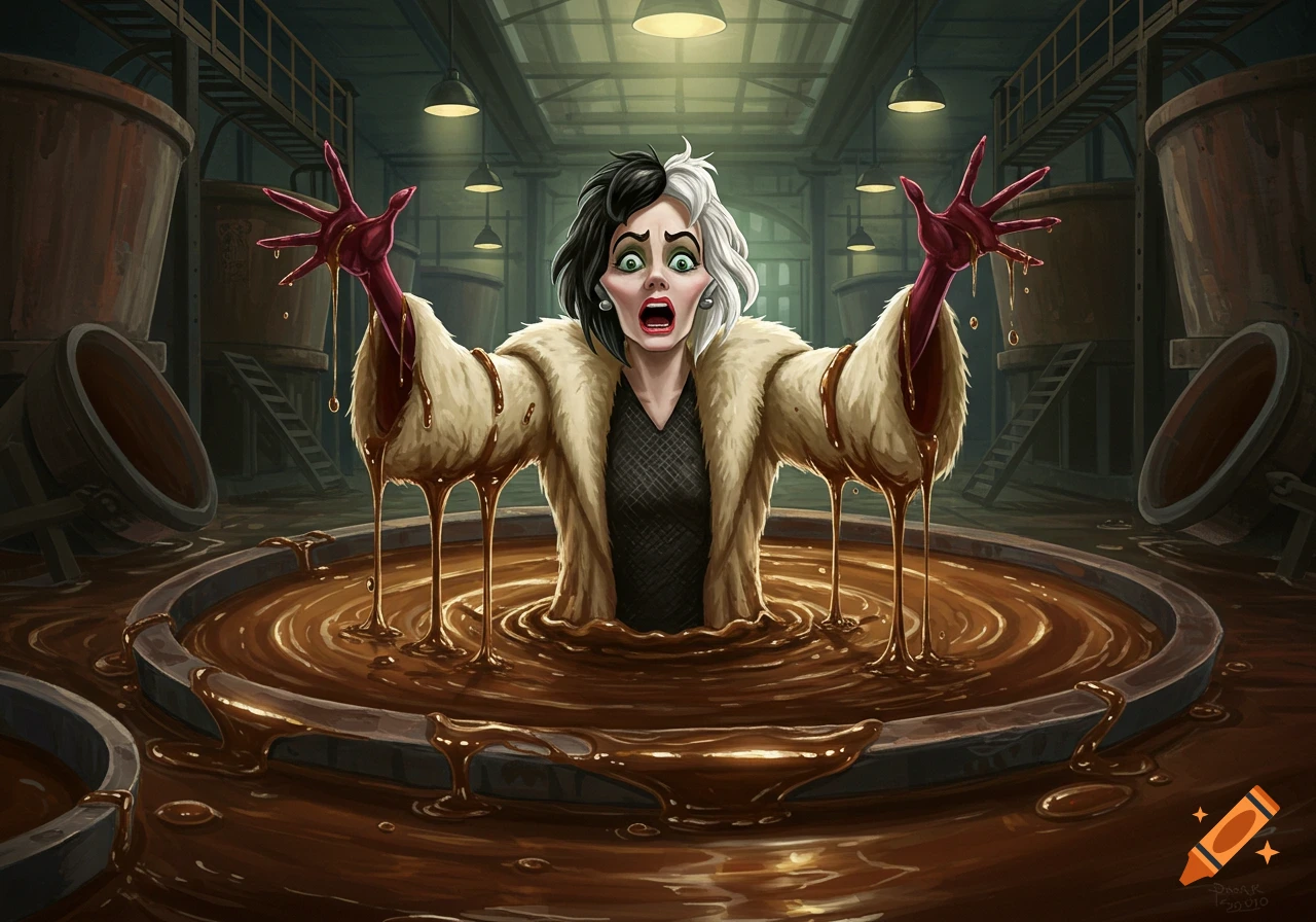 Cruella de Vil, with her half-black, half-white hair, screams dramatically as she emerges from a vat of brown molasses in an industrial factory.
