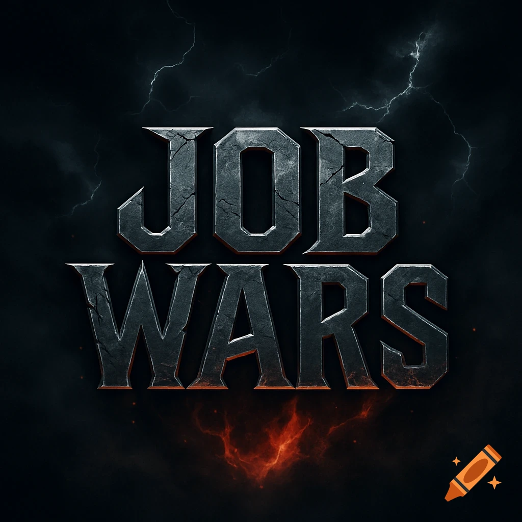 A dark, cracked metallic logo with the text 'JOB WARS' against a stormy background with lightning and fire.
