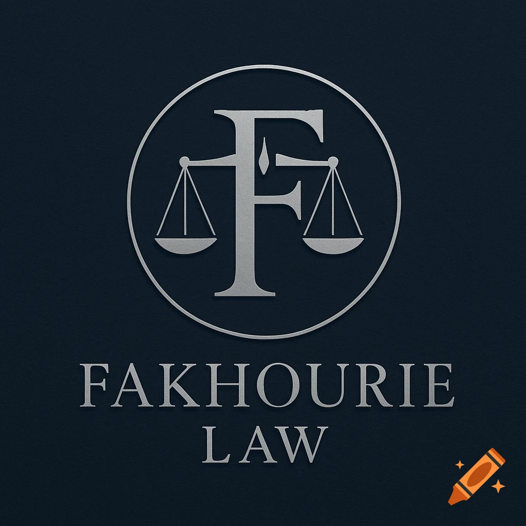 Silver Fakhourie Law logo with scales of justice and stylized 'F's on a dark blue background.