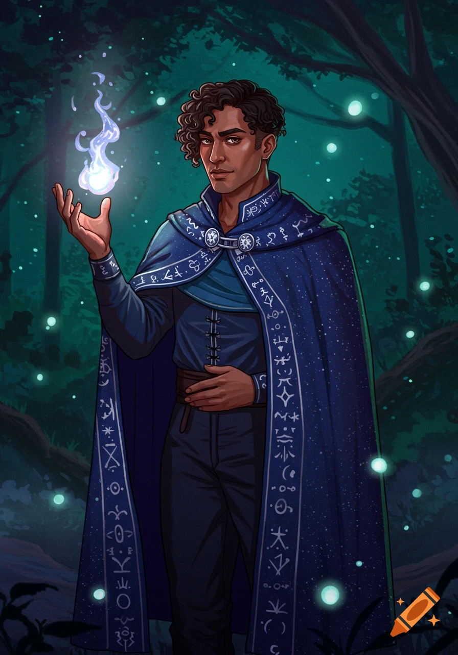 A dark-skinned male witch with curly hair in a starry blue cape holds a glowing, wispy blue flame in a dark forest at night, surrounded by floating lights.