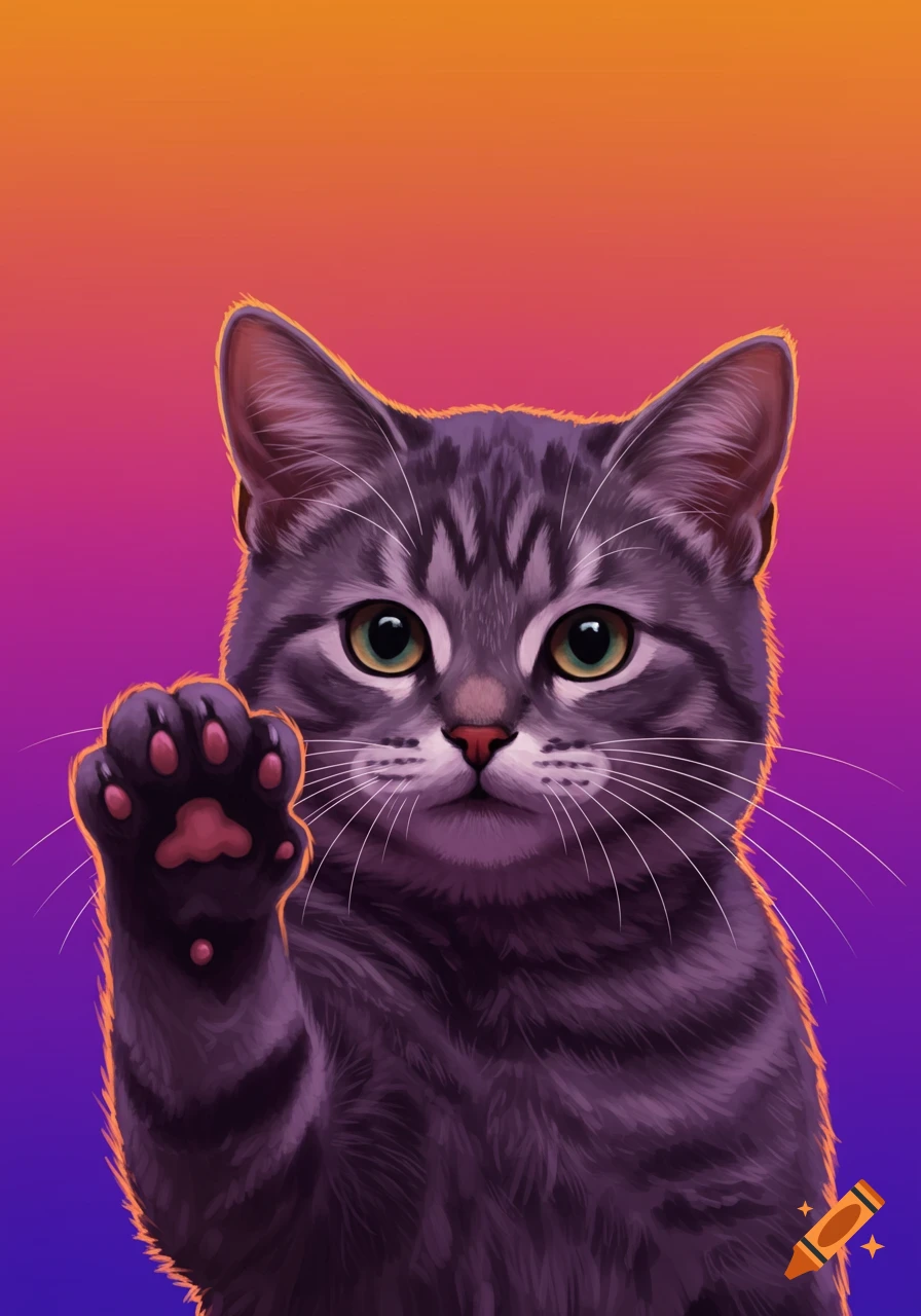 Cartoon grey tabby cat raising a paw, against a bright orange, pink, and purple gradient background.