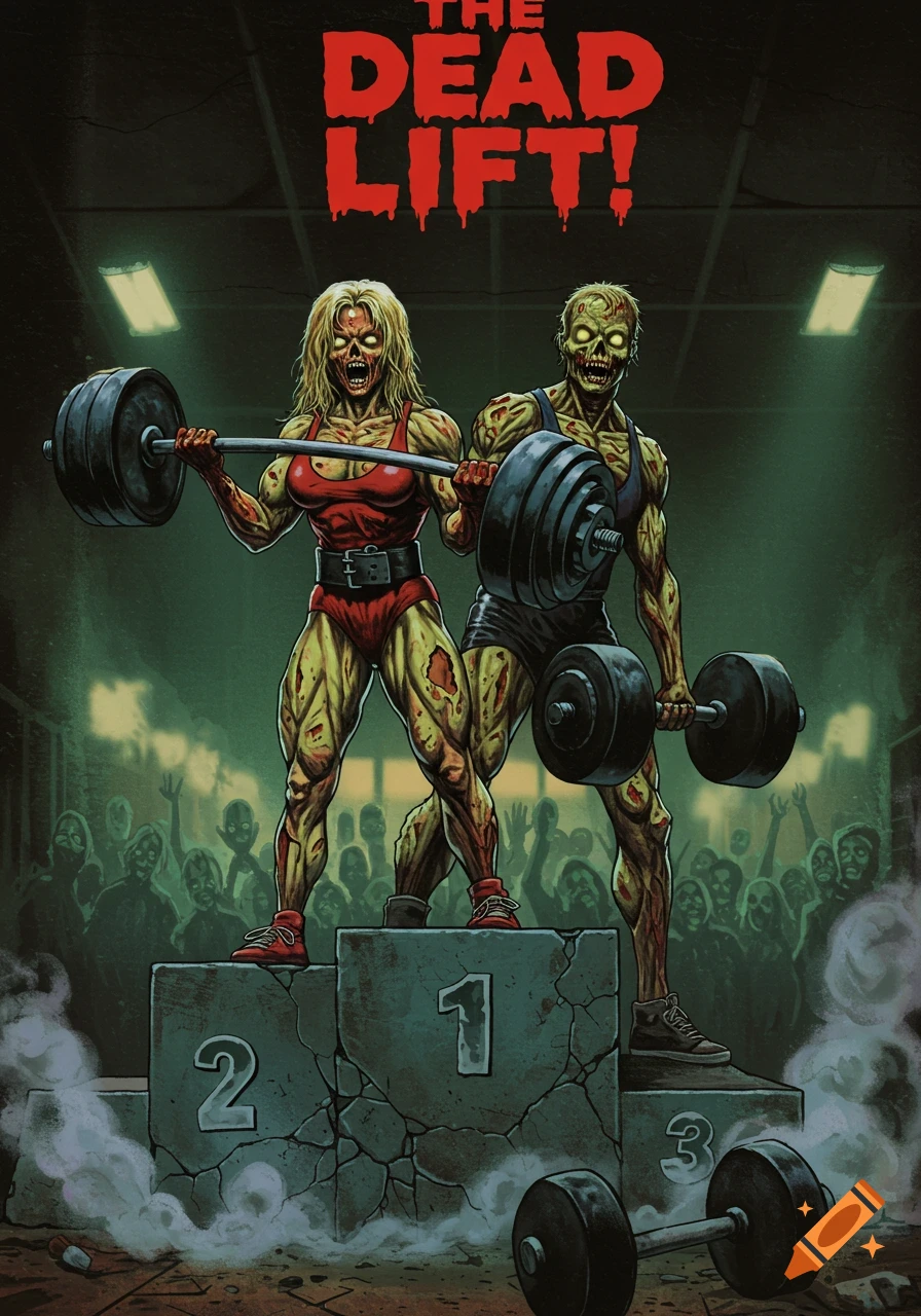 A stylized horror movie poster for "THE DEAD LIFT!", depicting a female and a male zombie bodybuilder lifting weights on a podium, with a zombie crowd in the background.