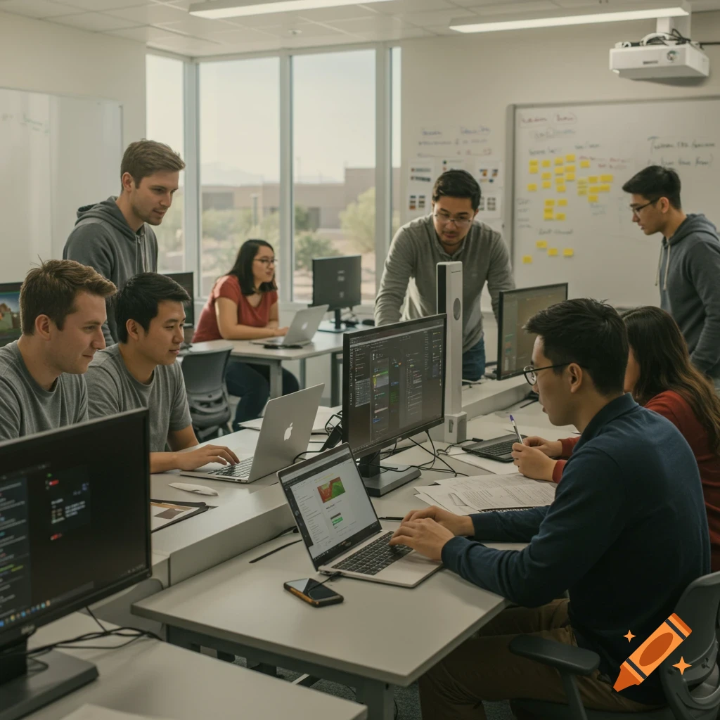Diverse college students collaboratively working on computers and discussing in a bright, modern classroom, photorealistic.