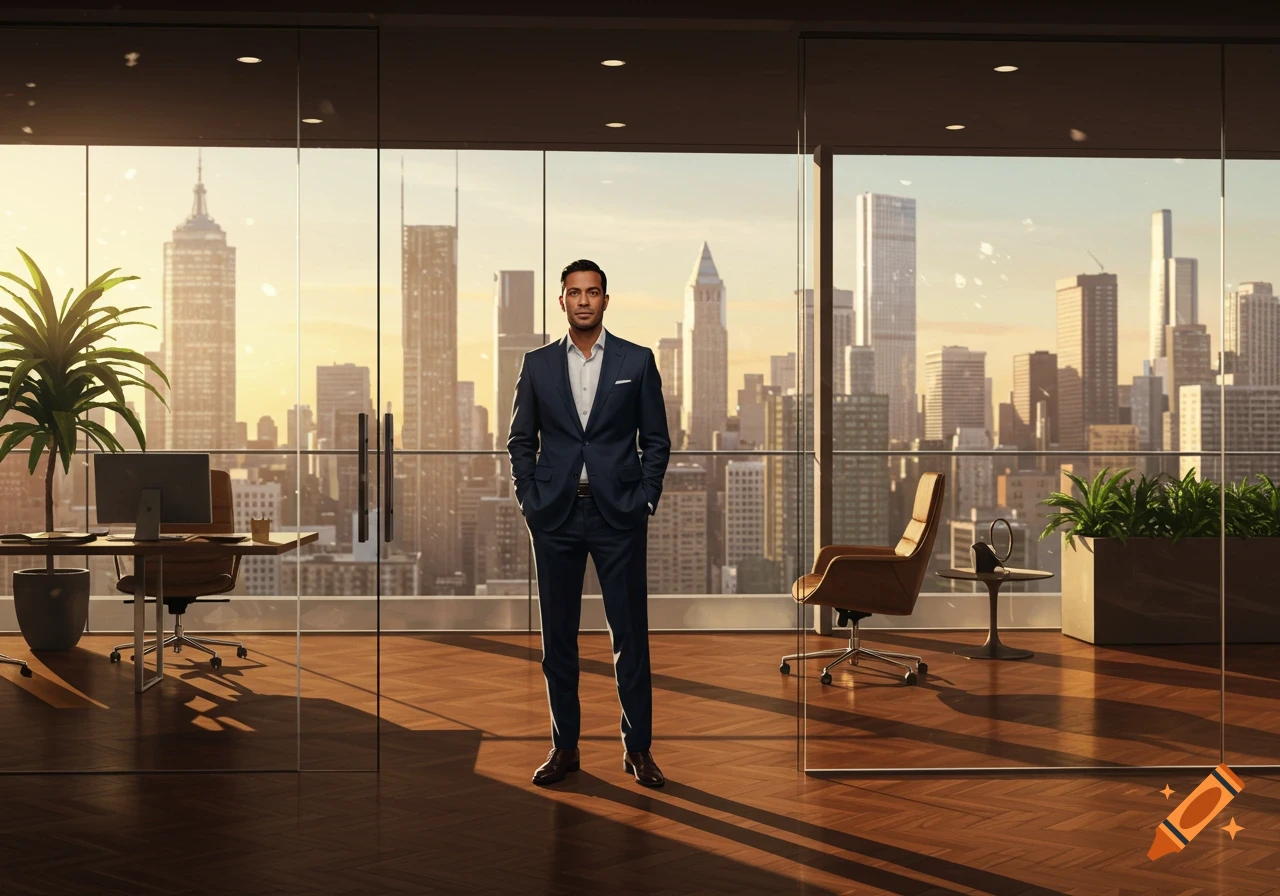 A photorealistic image of a man in a dark suit standing in a modern office with a large window overlooking a city skyline at sunset.
