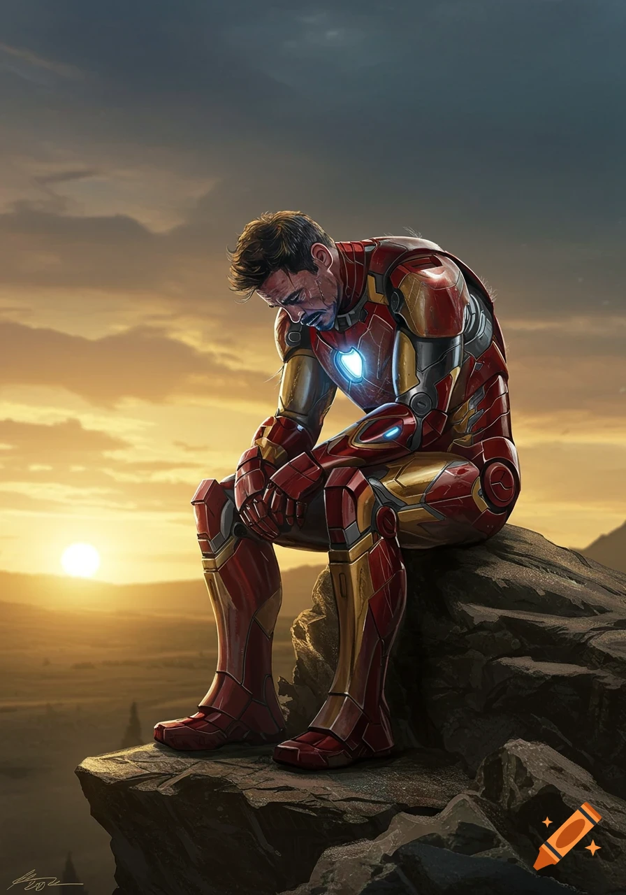 Unmasked Iron Man sits dejectedly on a rock at sunset, in an illustrative style.