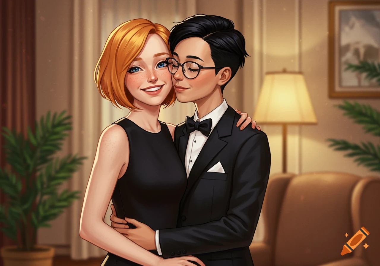 Digital illustration of a smiling redhead woman in a black dress embracing her girlfriend in a tuxedo, indoors.