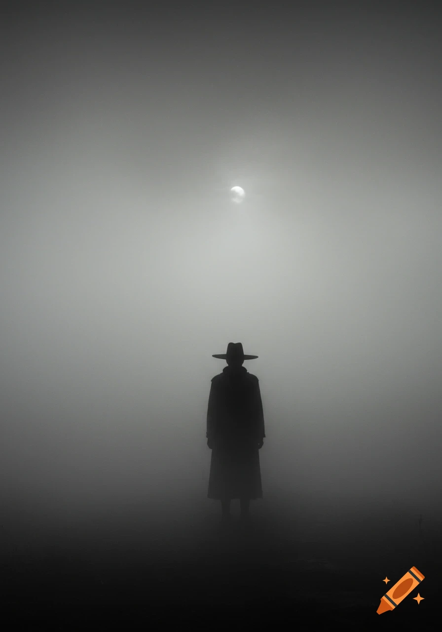 Monochromatic silhouette of a person in a hat and coat standing in dense fog with a faint sun/moon above, creating a moody atmosphere.