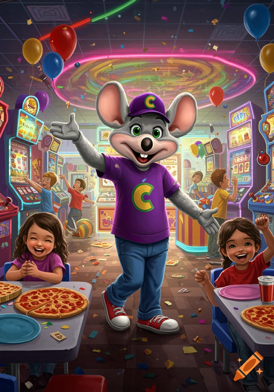 Chuck E. Cheese mascot in a purple shirt and blue jeans, standing in a brightly lit arcade with children eating pizza.