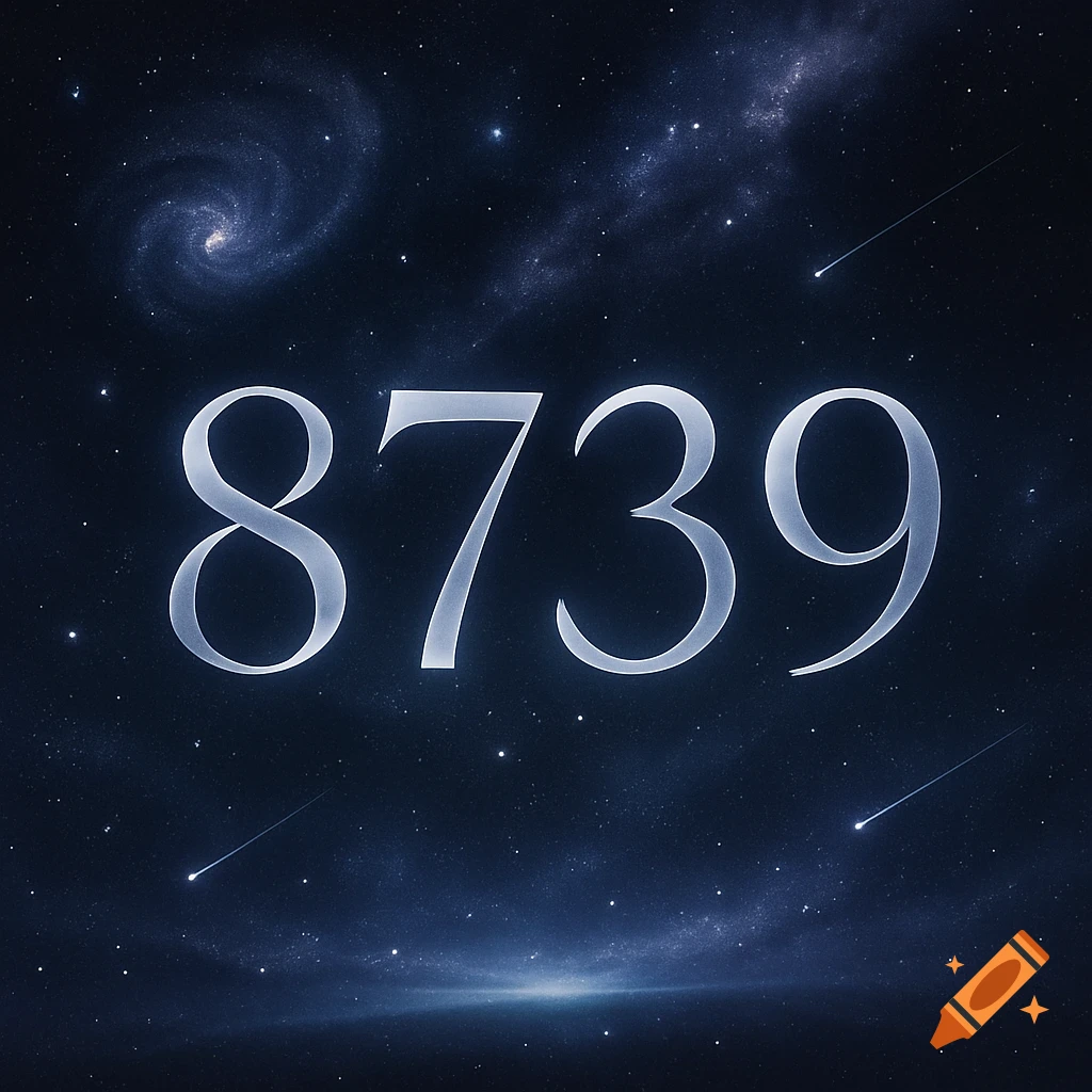 The numbers 8739 glow against a dark blue cosmic background with stars, nebulae, and shooting stars.