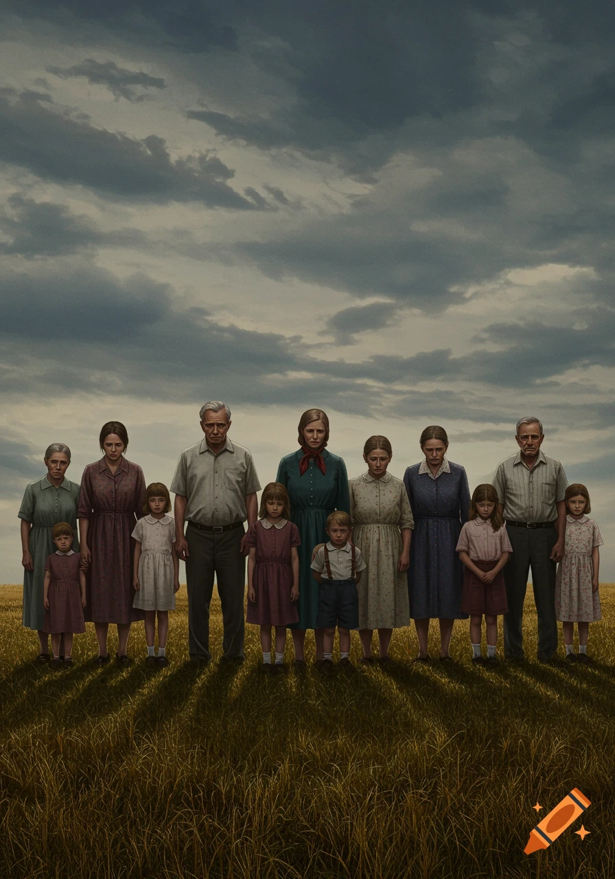 A large, somber family group, including children and adults, stands in a golden field under a cloudy sky, looking unhappy.