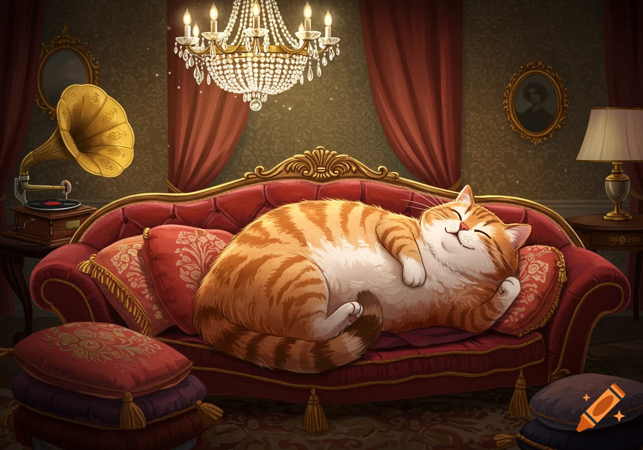 A happy, plump ginger cat sleeps on a fancy red velvet sofa in a luxurious, decorated room. Illustration.