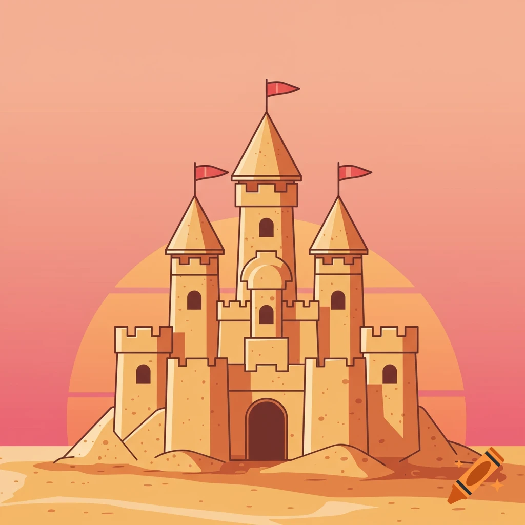 Stylized illustration of a sandcastle with flags on a beach, silhouetted against a vibrant orange and pink sunset.