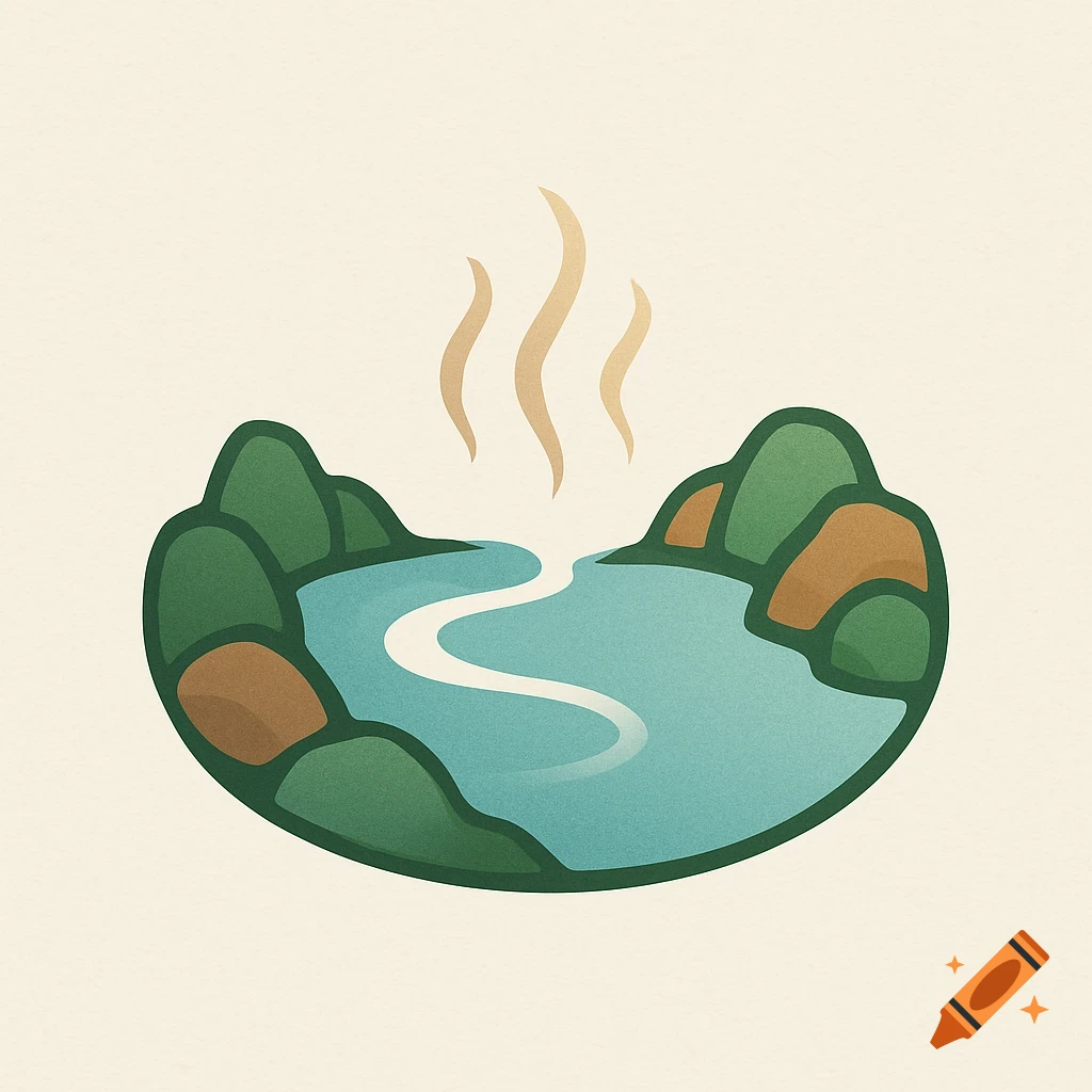 Stylized logo of a hot spring, featuring a winding river through green and brown hills with steam rising.
