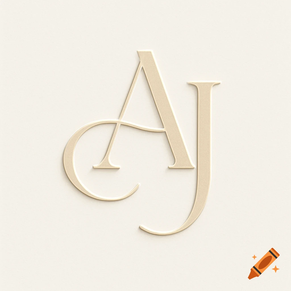 Elegant beige overlapping initials 'A' and 'J' in a wedding logo design on a cream background.