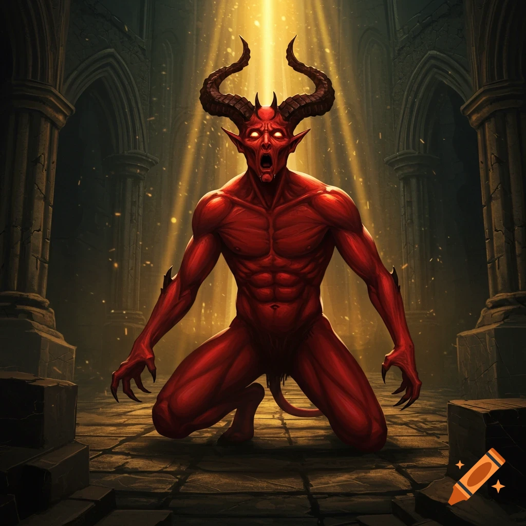 A red devil with horns and glowing eyes kneels in a gothic hall, appearing terrified in dramatic golden light.