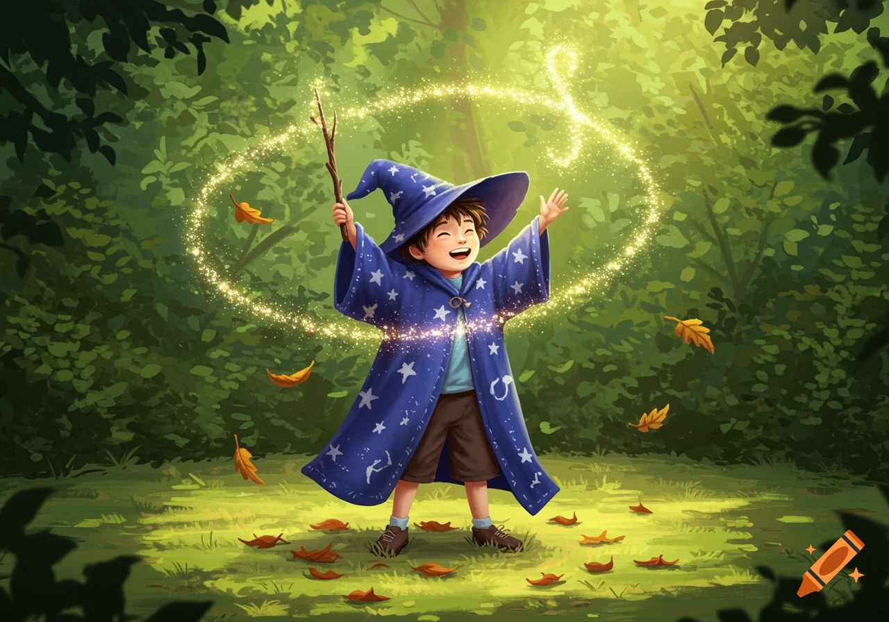A happy young boy dressed in a blue wizard's robe and hat casts a sparkling magic spell with a stick in a sunlit forest, with autumn leaves on the ground.