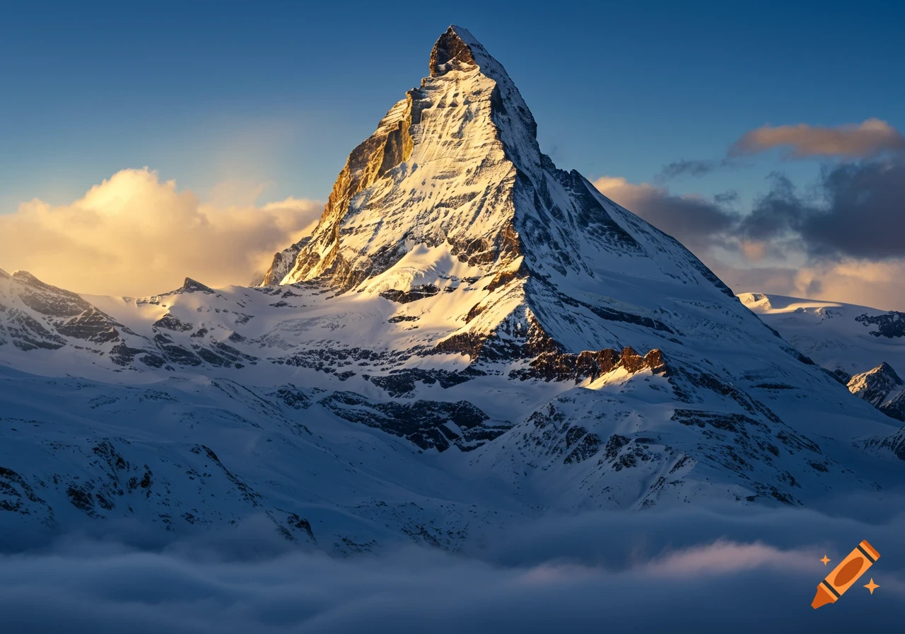 A majestic, snow-capped mountain peak bathed in golden sunlight and deep shadows against a blue sky with soft clouds.