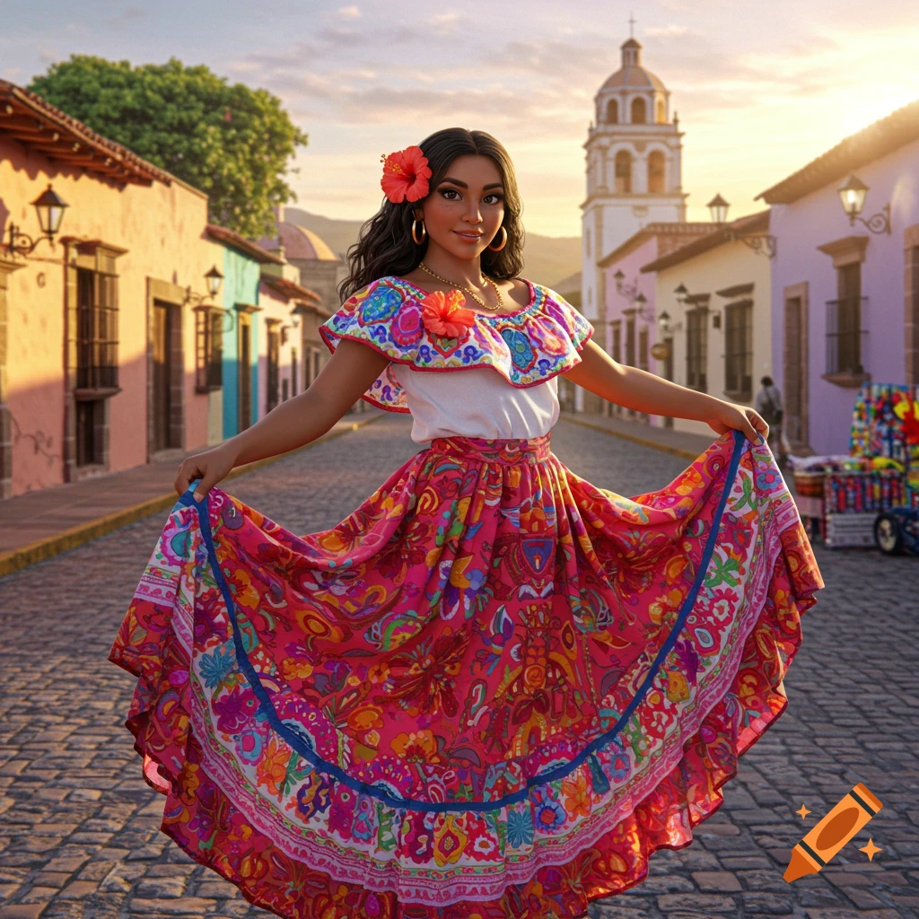 A smiling woman in a vibrant, ruffled traditional Mexican dress with a red flower in her hair poses on a cobblestone street with colorful buildings and a church at sunset.