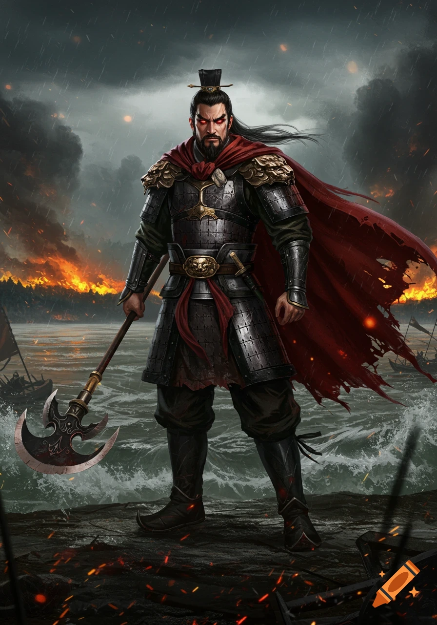 An epic digital art portrait of a Chinese warrior in black armor and red cape with glowing red eyes, holding a halberd on a stormy battlefield with fires.