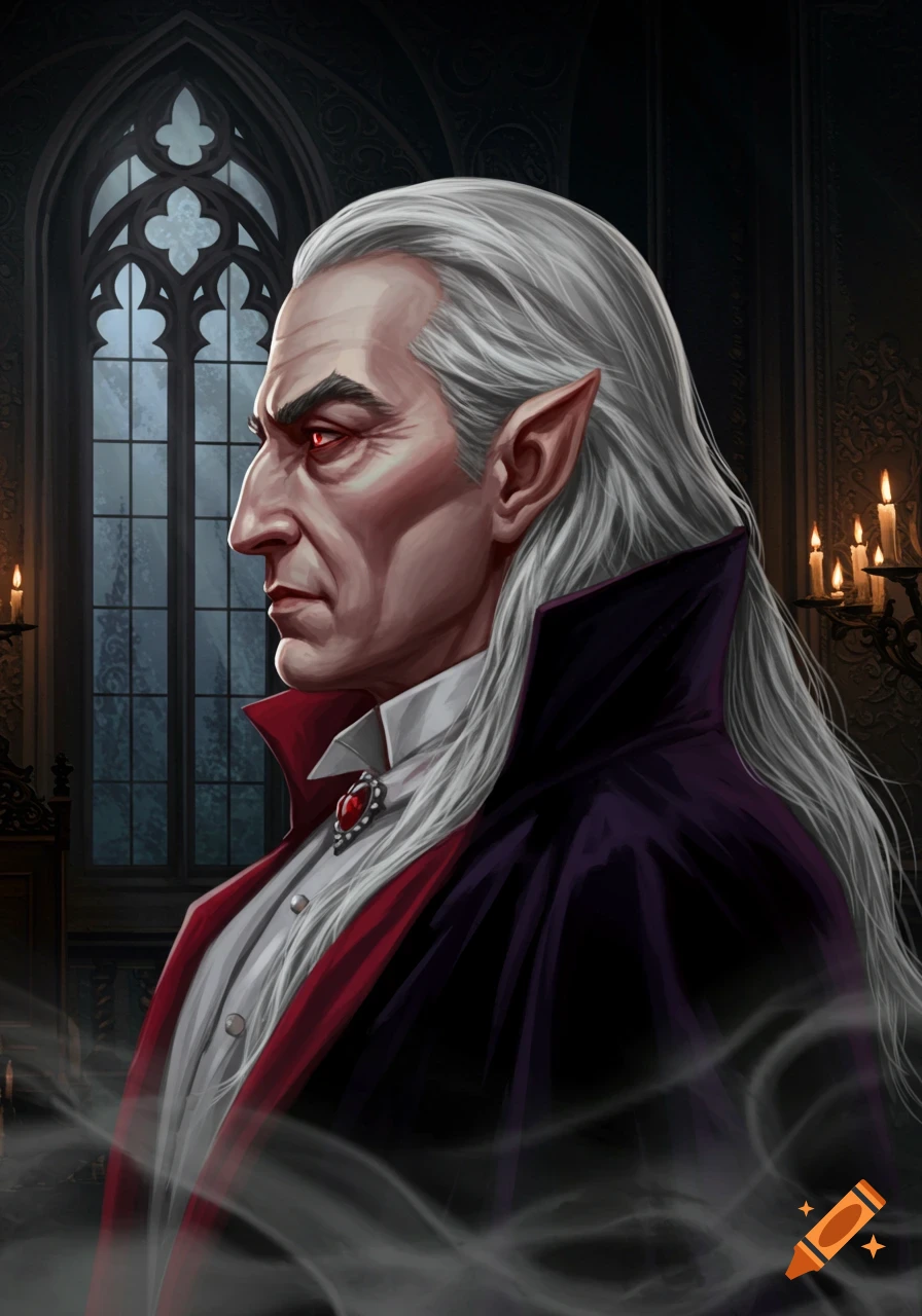 Digital painting of an older man with long white hair, pointed ears, and glowing red eyes, in a gothic interior.