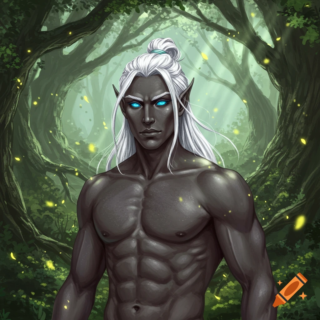 Muscular male dark elf with white hair in a bun and glowing blue eyes, shirtless in a mystical forest with fireflies.