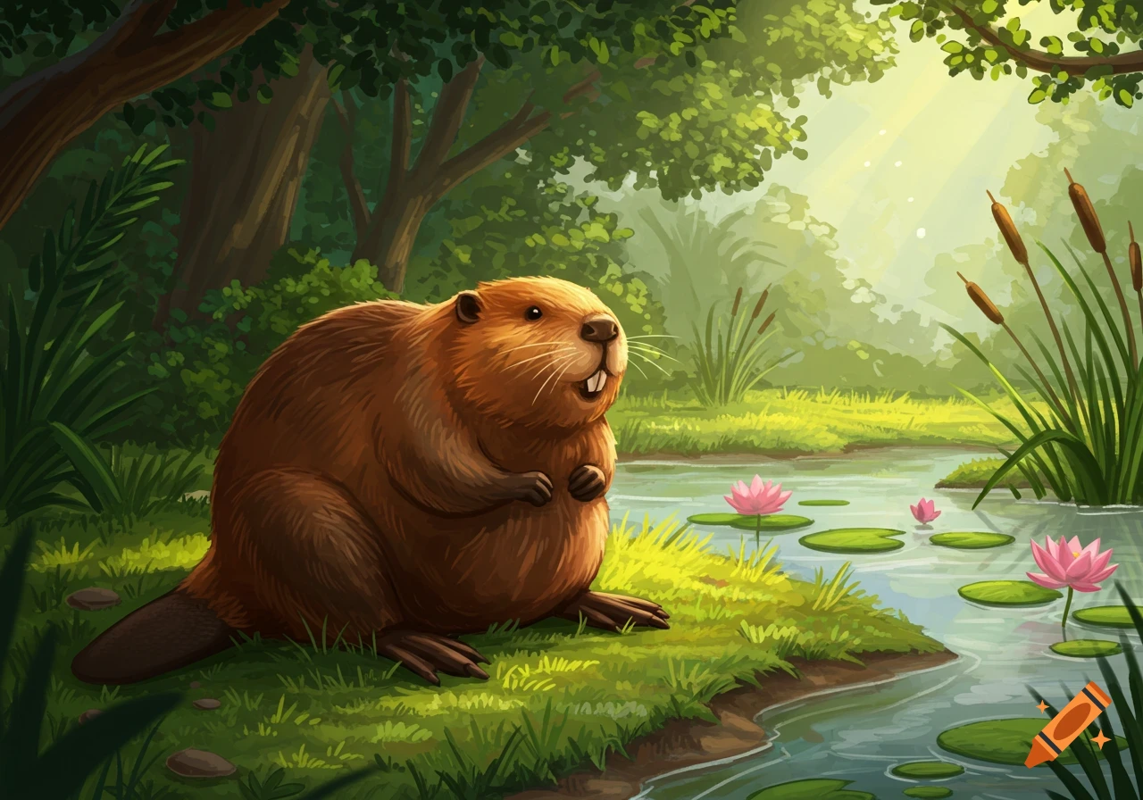 A cute, fat, cartoon beaver sits on a grassy bank by a river with lily pads and pink water lilies, surrounded by a lush green forest.
