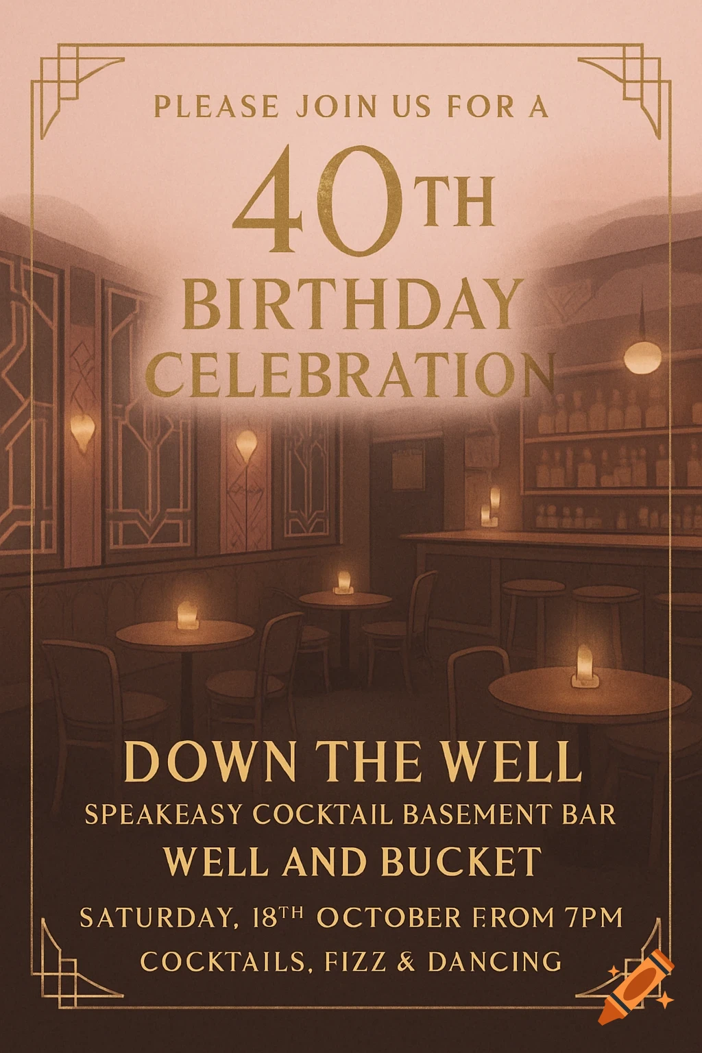 An Art Deco style birthday party invitation for a 40th birthday celebration at a speakeasy bar, with golden text on a pink background.