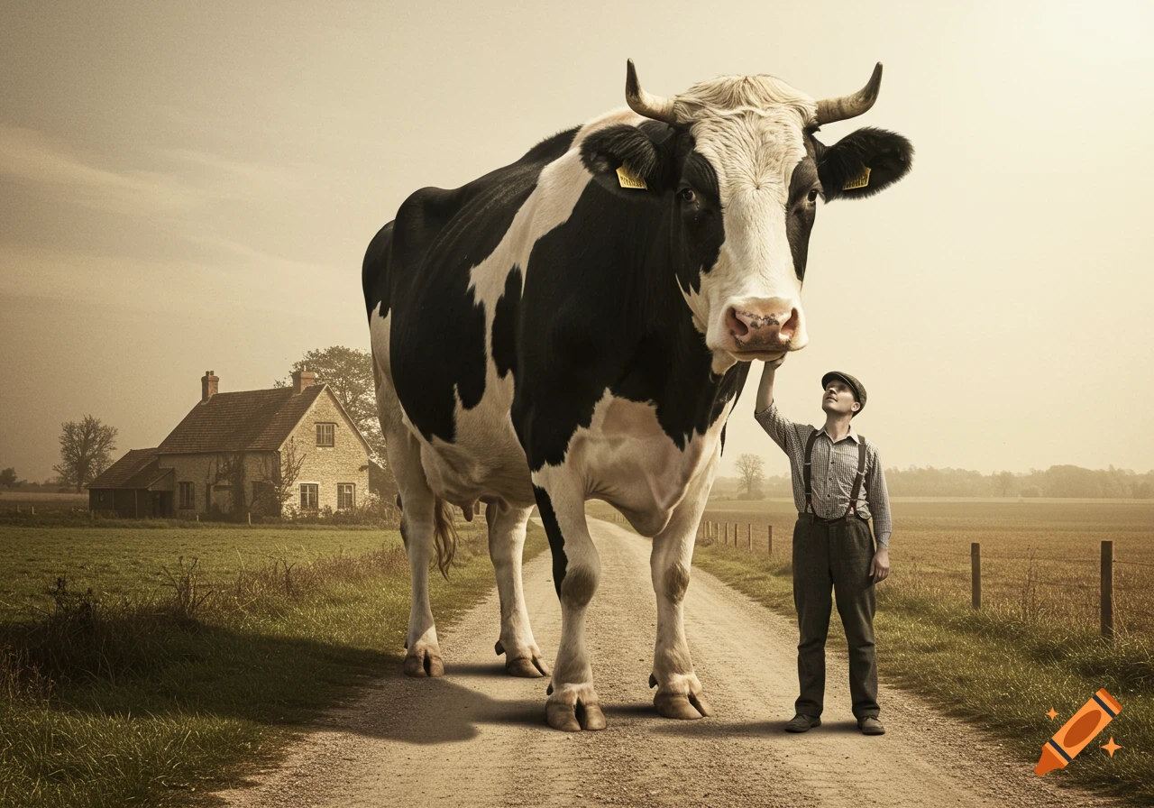 A man in old-fashioned clothes stands next to a gigantic cow on a rural dirt road, with a farm house in the background, in an old photo style.