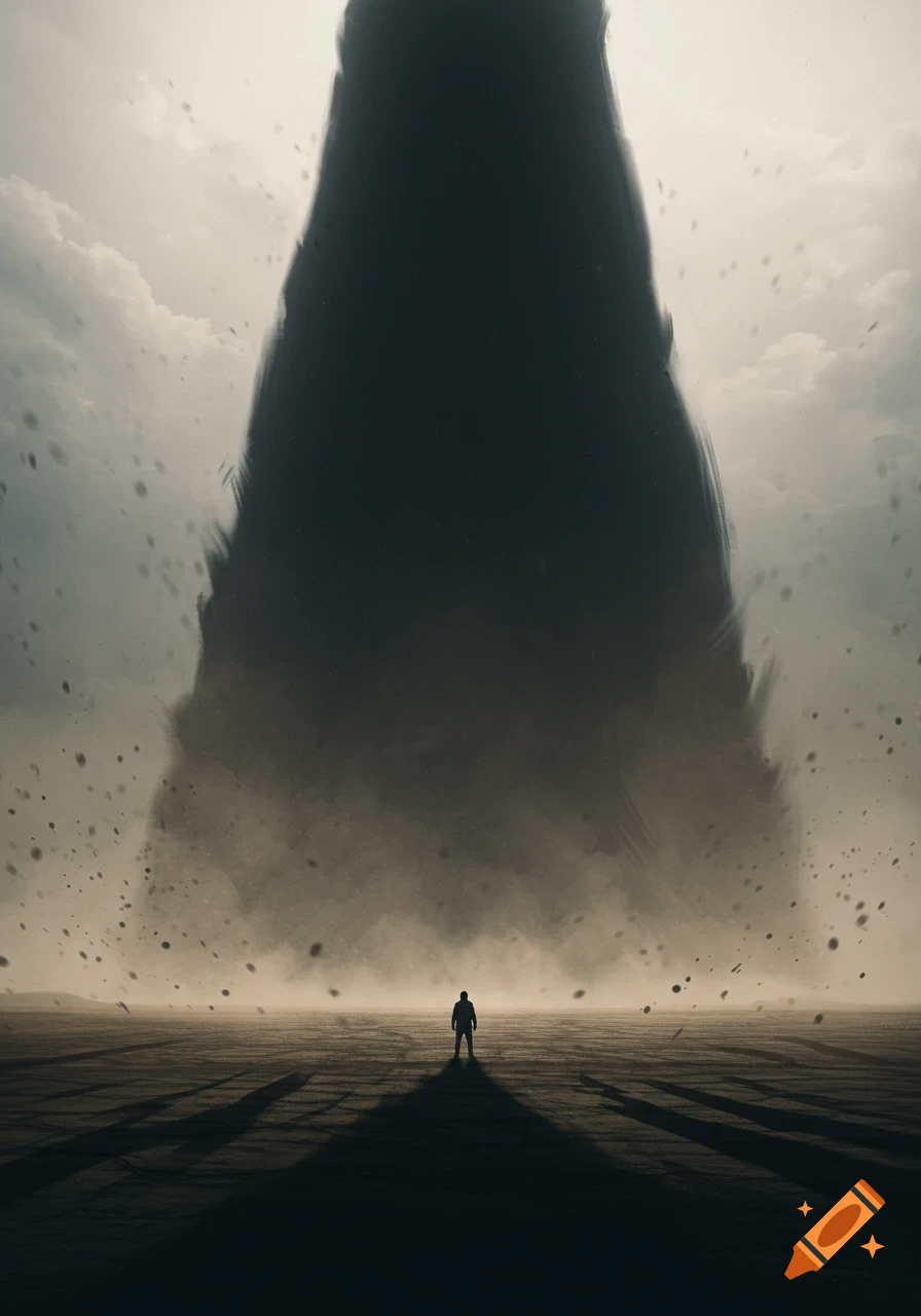 A lone figure stands on a barren plain, dwarfed by a colossal, dark, abstract shape under a cloudy, dramatic sky.