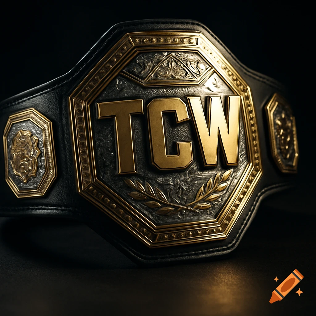 A photorealistic championship belt with a black leather strap and a large gold and silver main plate featuring the letters "TCW" embossed in gold, shot with cinematic lighting.