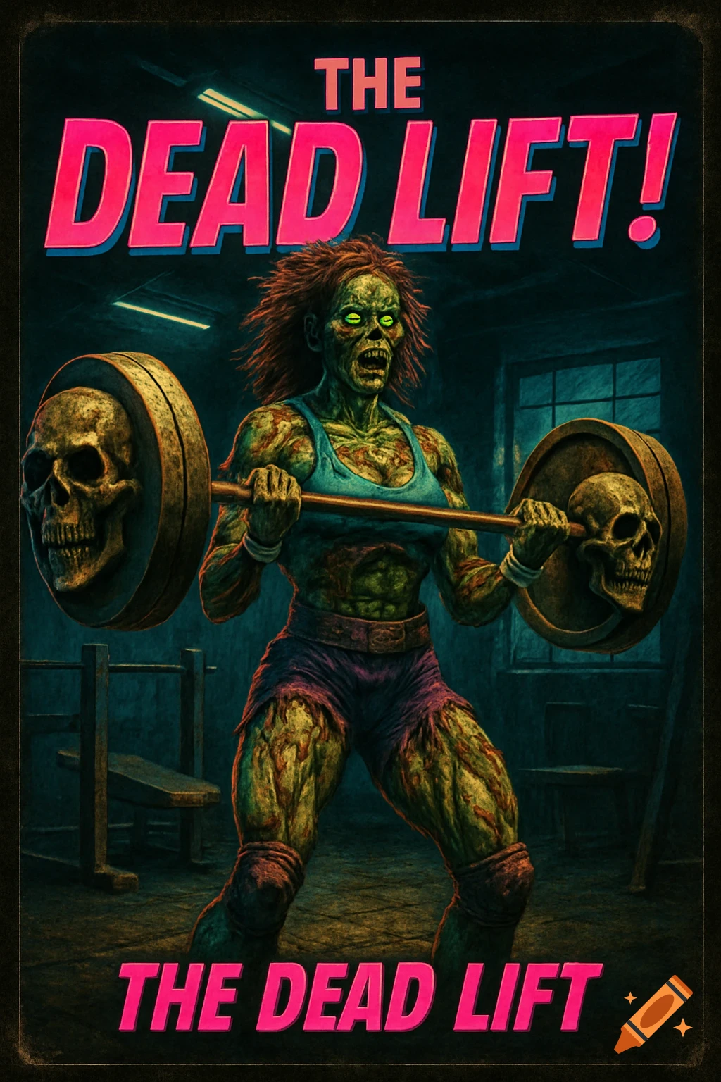 A stylized horror movie poster for "THE DEAD LIFT!" depicting a green zombie female bodybuilder lifting a barbell with skull weights in a dim gym.