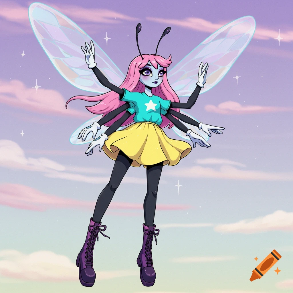 A cartoon character with pink hair, blue skin, four arms, and insect wings floats against a pastel sky, wearing a turquoise shirt, yellow skirt, and purple boots.