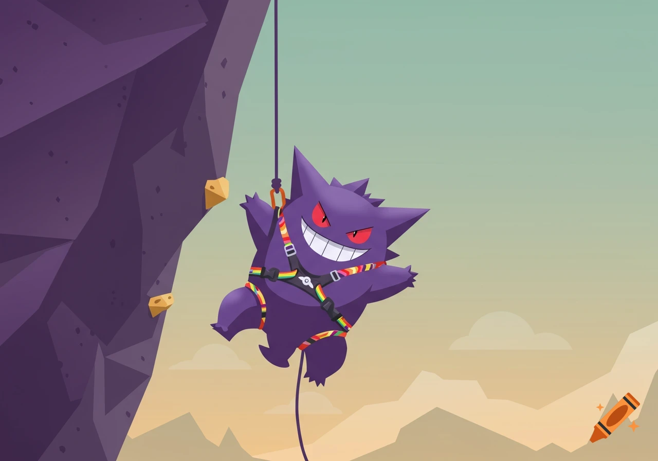 Purple Gengar in a rainbow harness rappelling down a purple rock face with a sky and mountains in the background, cartoon style.